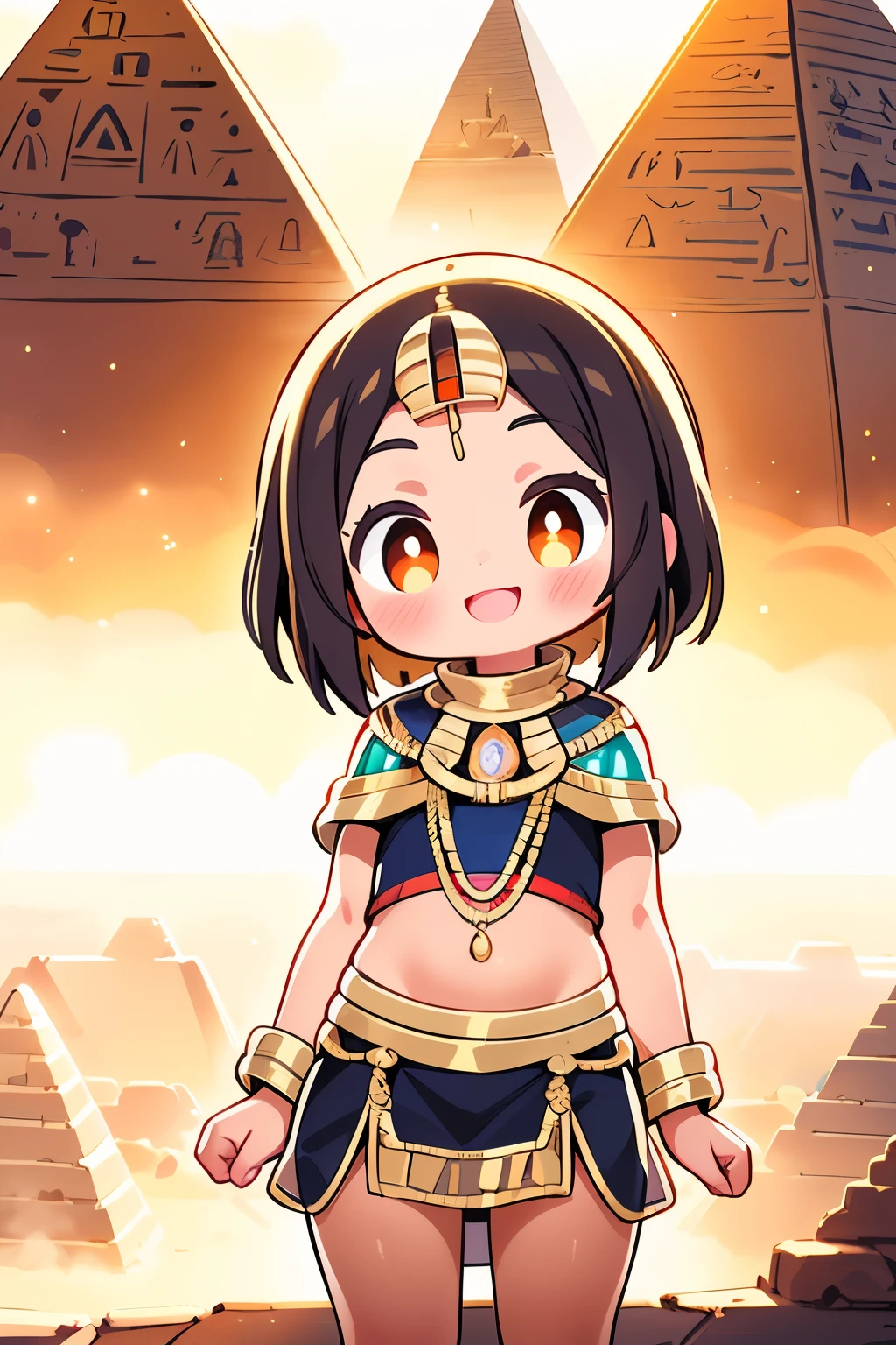 Ancient Egyptian worldview、Pyramids、Cute African Girl、4 head body、Kiss of Awakening、Eyes and faces with detailed、short in stature、 actor、Anatomically correct body、Accurate drawing、A smile、超A high resolution、４Head and body