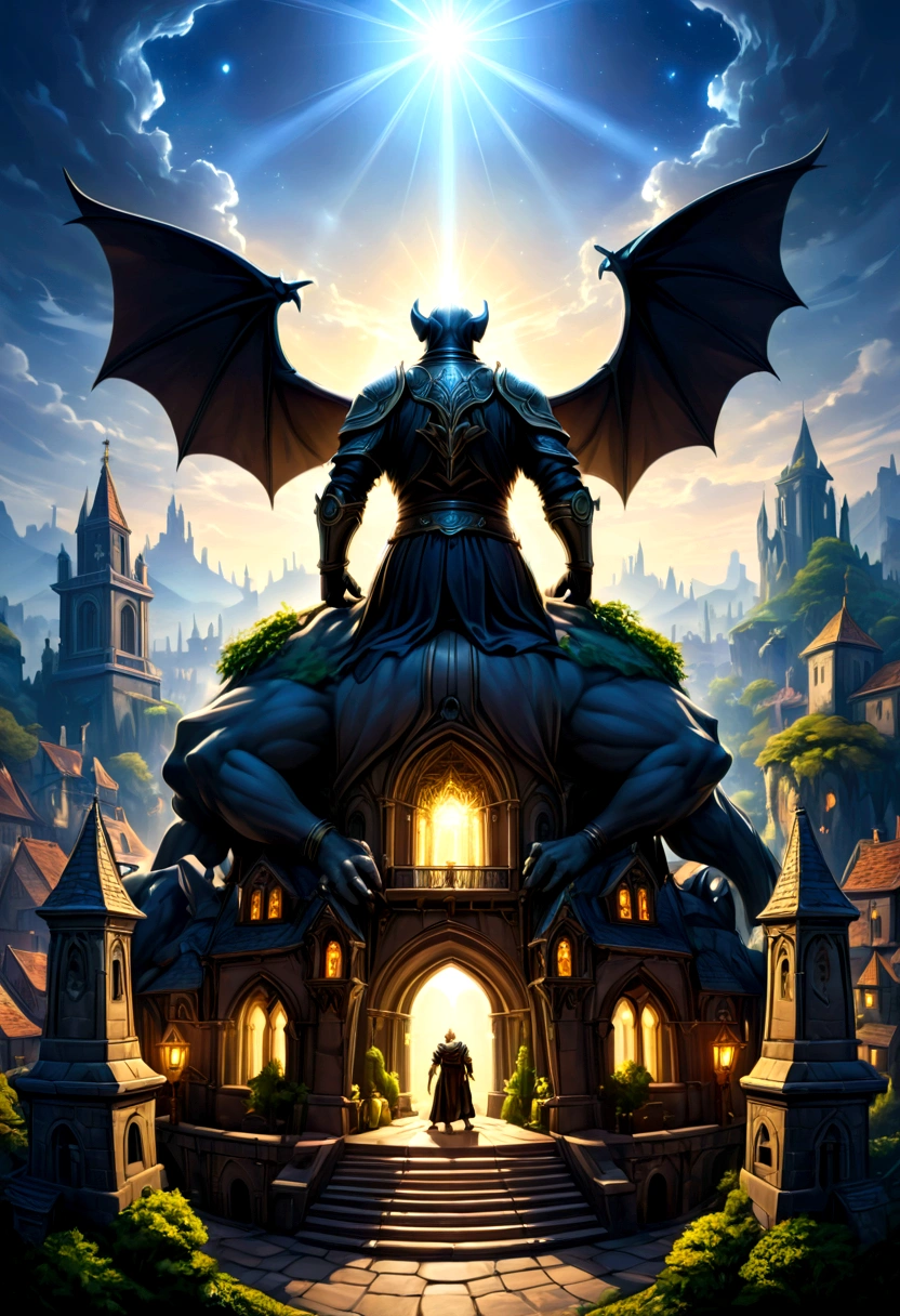 a view of fantasy medieval city, taken from the top of church of , at night, the shot taken while standing behind the statue of a gargoyle on the roof, 16K, ultra detailed, masterpiece, best quality, (extremely detailed), arafed, dnd art, god rays, cinematic lighting, glowing light, silhouette, from outside, photorealism, panoramic view (Masterpiece, intense details: 1.5) , Wide-Angle, Ultra-Wide Angle, aetherpunkai