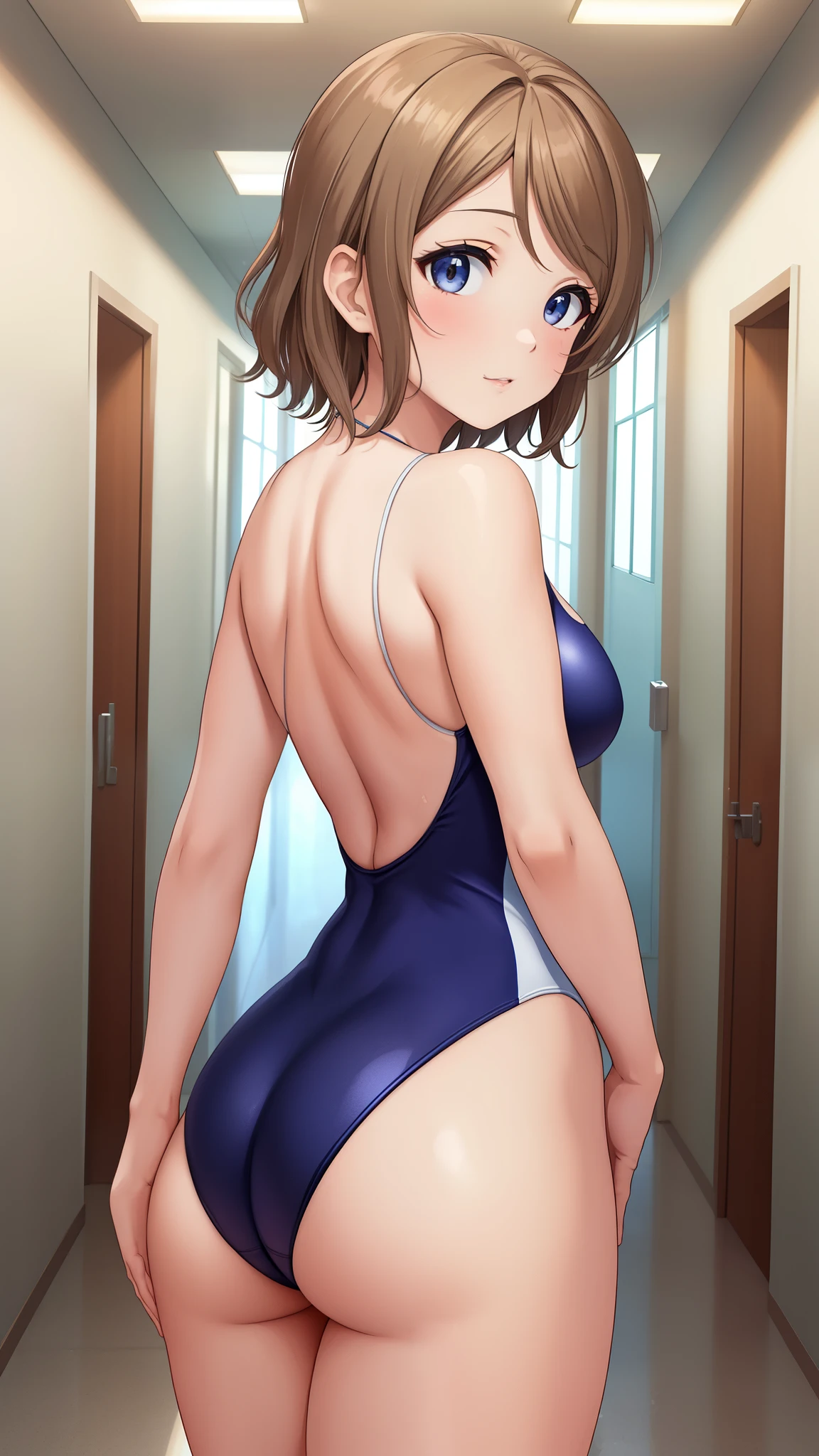 (Masterpiece), 8k wallpaper, solo, Watanabe you, standing, school hallway, one-piece swimsuit, v-neck, low cut at hips, game cg, beautiful detailed face and eyes, perfect anatomy, ass view, looking back at view