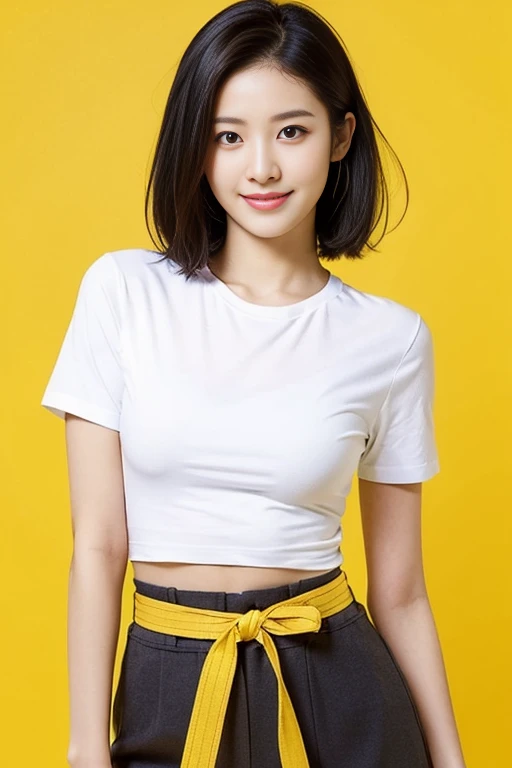 a gorgeous lady, age 22, white T-shirt and red skirt, black belt, dimpled smile, short straight hair, in a natural pose, photorealistic, beautiful detailed eyes, ample round bosom, hyper-realism, high contrast, ultra HD, realistic skin textures, top image quality, top-quality, super high resolution, fine details, very meticulously, simple yellow background