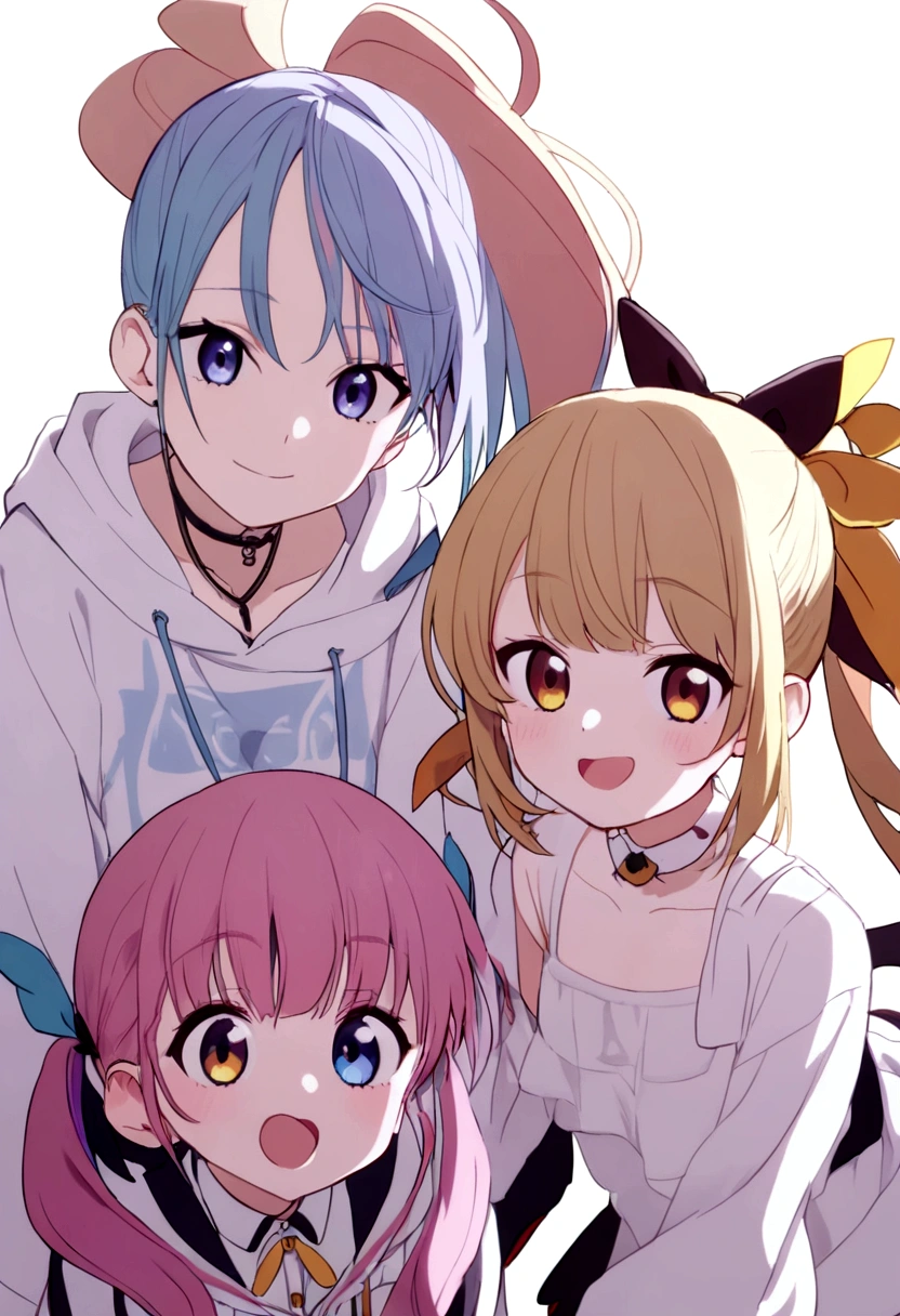delicate、masterpiece、highest quality、2 peopleの女の子、2 peopleだけ、2 people、virtual、(((cute、Minato Aqua、minato akua,cute、Pink Hair、Light blue mesh hair、Long Hair、Twin tails,distinct eyes、Clothes like a maid、船乗りのcute服,Haveは無し)))、(((Hoshikawa Sara、hoshikawa sara、cute、Blonde、Side Tail、High ponytail on the left、Cool clothes、White camisole、White baggy hoodie、Have)))、White Background、Flat Color、2 peopleとも正面を向いている、sketch