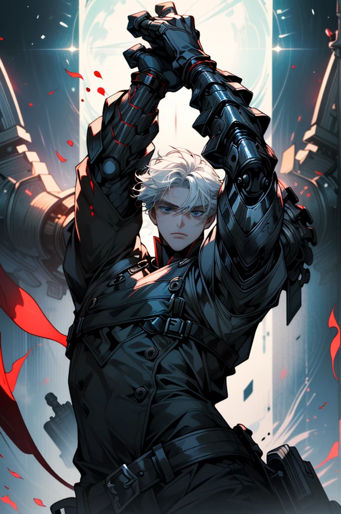 ((ultra detailed, masterpiece, absurdreBBarnes, 1boy, white hair, blue eyes, fantasy world, half body, Three red cores fixed on both forearms, mechanical arms