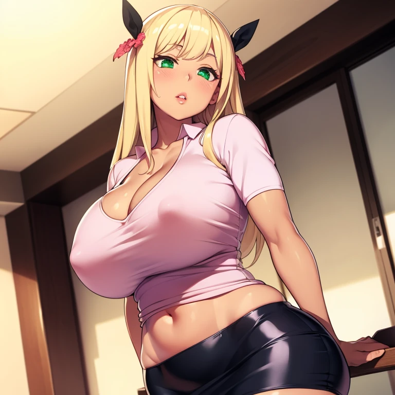 Blonde Hair, Thick Hair, long layered hair, voluminous Blonde Hair, volume Long Hair pink flower in hair, pink hibiscus flower in hair, Green Eyes, Big Lips, wearing pink lip gloss, Long Hair, Huge breasts, Nice top, A shirt that fits snugly against the skin, sexy shirt, abdomen, Hourglass Shape, (Tight waist), Thick thighs, luxury, Crowded Spaces, Defined stomach, Are standing, atmosphere, 素敵なatmosphere, pink, cute, Pursed lips, Are standing, background, Cleavage, Leather skirt, Micro Skirt, Detailed face, Blushed, detailed Green Eyes, Green Eyes, Tilt your head, close, Low - Angle, Low Shot, Hair Ribbon, Barrette, Sunburn, Tan Lines, Shiny skin, Glossy Lips, Thick eyelashes, Thick thighs, Thick thighs