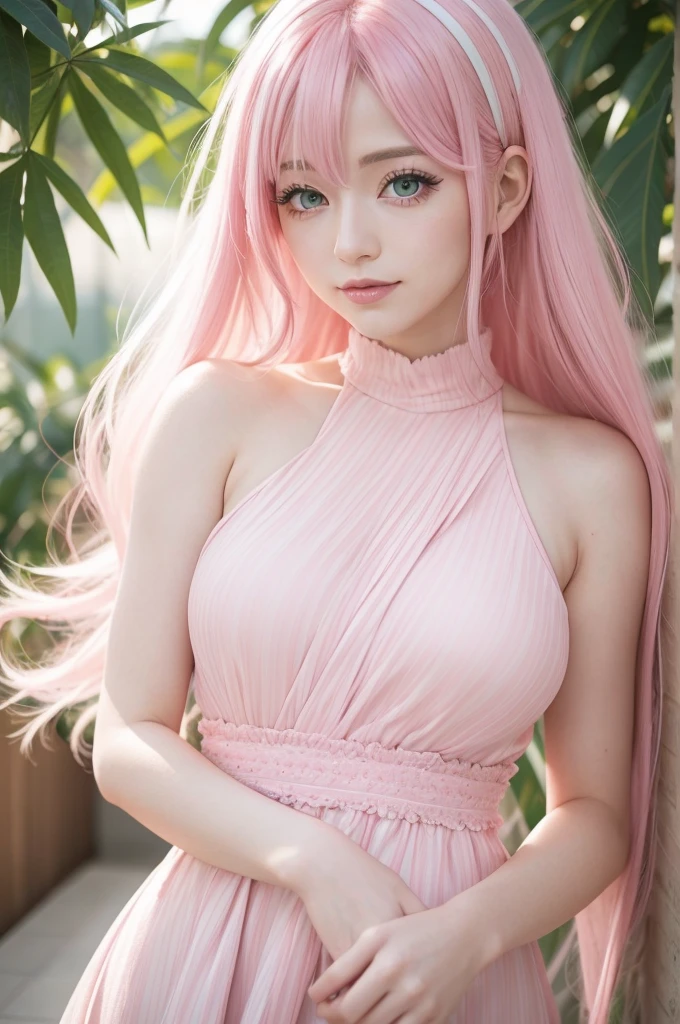 A woman with pink hair with white streaks, light green eyes with long eyelashes, wears a pink and white Japanese style dress and around her there are several pink rays