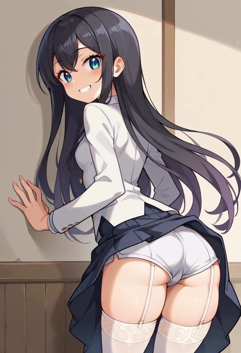 (Rear insertion position, ), Black Hair, Long Hair, Cute Hips, lure, ,(White blazer student uniform、Long skirt、Silk shorts、Garter Stockings), (Turn around and put your hands on the wall), Bend、nsfw、BREAK Perfect Anatomy、highest quality、(cute:1.1)、(cute)、(High resolution:1.2)、Unbelievably absurd:1.3、Incredible illustrations、(cuteイラスト:1.2)、Beautiful background、(1 girl) 、solo)、(10th Generation、JK、Loli face、Small breasts:1.2)、slender、、(skirt lift,upskirt,from behind),、(tooth:0.6)、Cheeky 、Eye highlights、A confident smile、