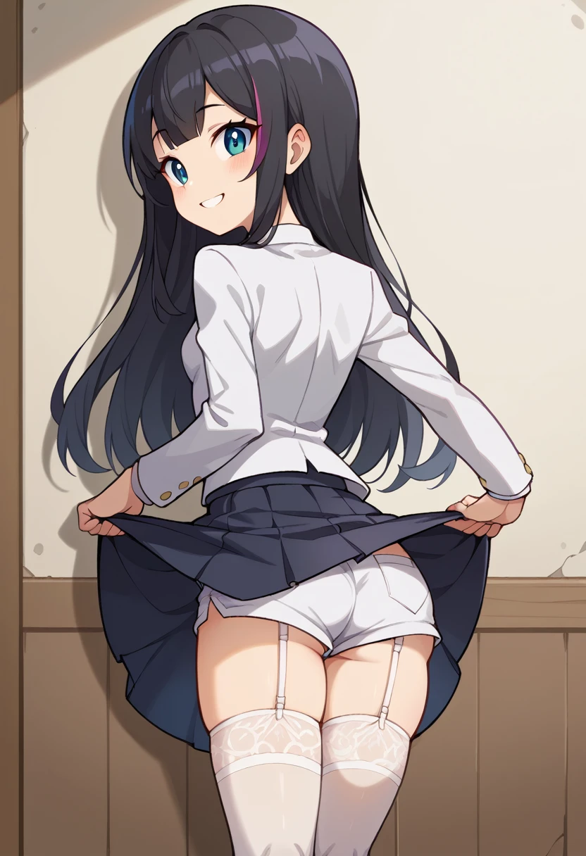 (Rear insertion position, ), Black Hair, Long Hair, Cute Hips, lure, ,(White blazer student uniform、Long skirt、Silk shorts、Garter Stockings), (Turn around and put your hands on the wall), Bend、nsfw、BREAK Perfect Anatomy、highest quality、(cute:1.1)、(cute)、(High resolution:1.2)、Unbelievably absurd:1.3、Incredible illustrations、(cuteイラスト:1.2)、Beautiful background、(1 girl) 、solo)、(10th Generation、JK、Loli face、Small breasts:1.2)、slender、、(skirt lift,upskirt,from behind),、(tooth:0.6)、Cheeky 、Eye highlights、A confident smile、