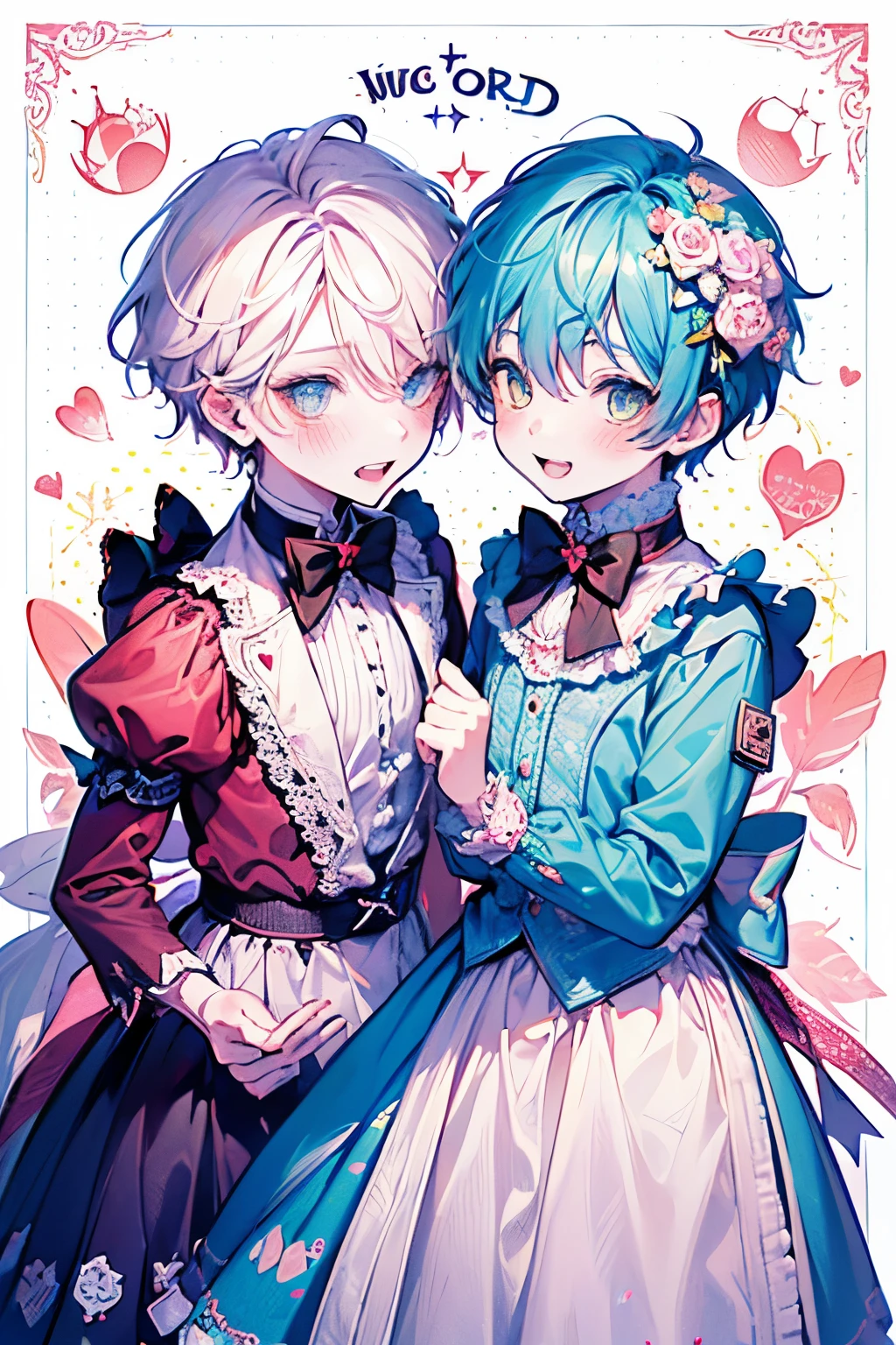 ((Twin boys:1.3)),((It's a Small World:1.3)),Princess style from the fairy tale world,alice in wonderland,cheshire cat,close up of face,(polka dot background:1.2),red、white、pink、yellow,(look up:1.15),(blush、Shy laugh)