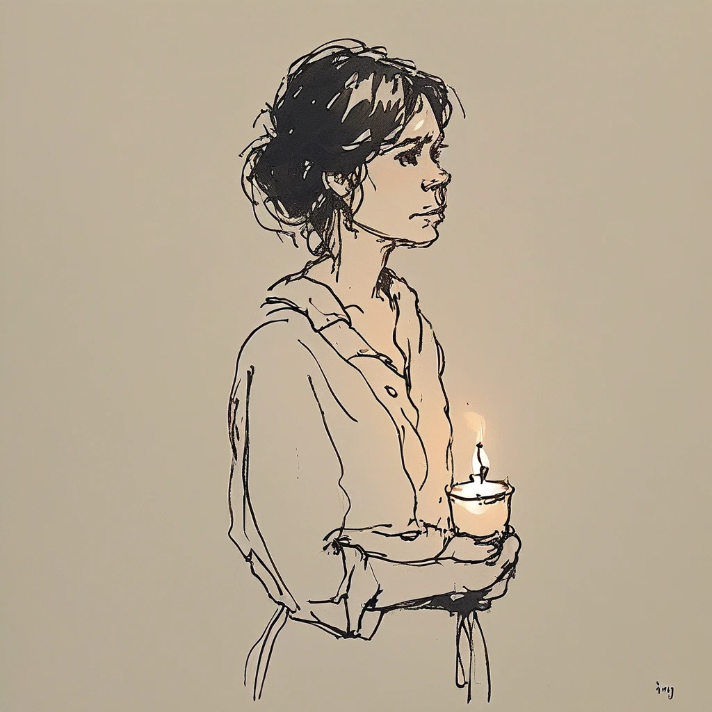 Create a digital artwork of a young woman holding a candle. The candle emits a warm, glowing light that illuminates her face and casts intricate shadows on her skin and surroundings. Her hair is loosely tied up, and she has a serene, contemplative expression. The light from the candle should create a soft, ethereal glow, emphasizing the delicate features of her face. Use a minimalist and sketch-like style with fine lines and subtle shading, capturing the contrast between light and shadow. Incorporate warm tones to enhance the intimate and tranquil atmosphere of the scene.