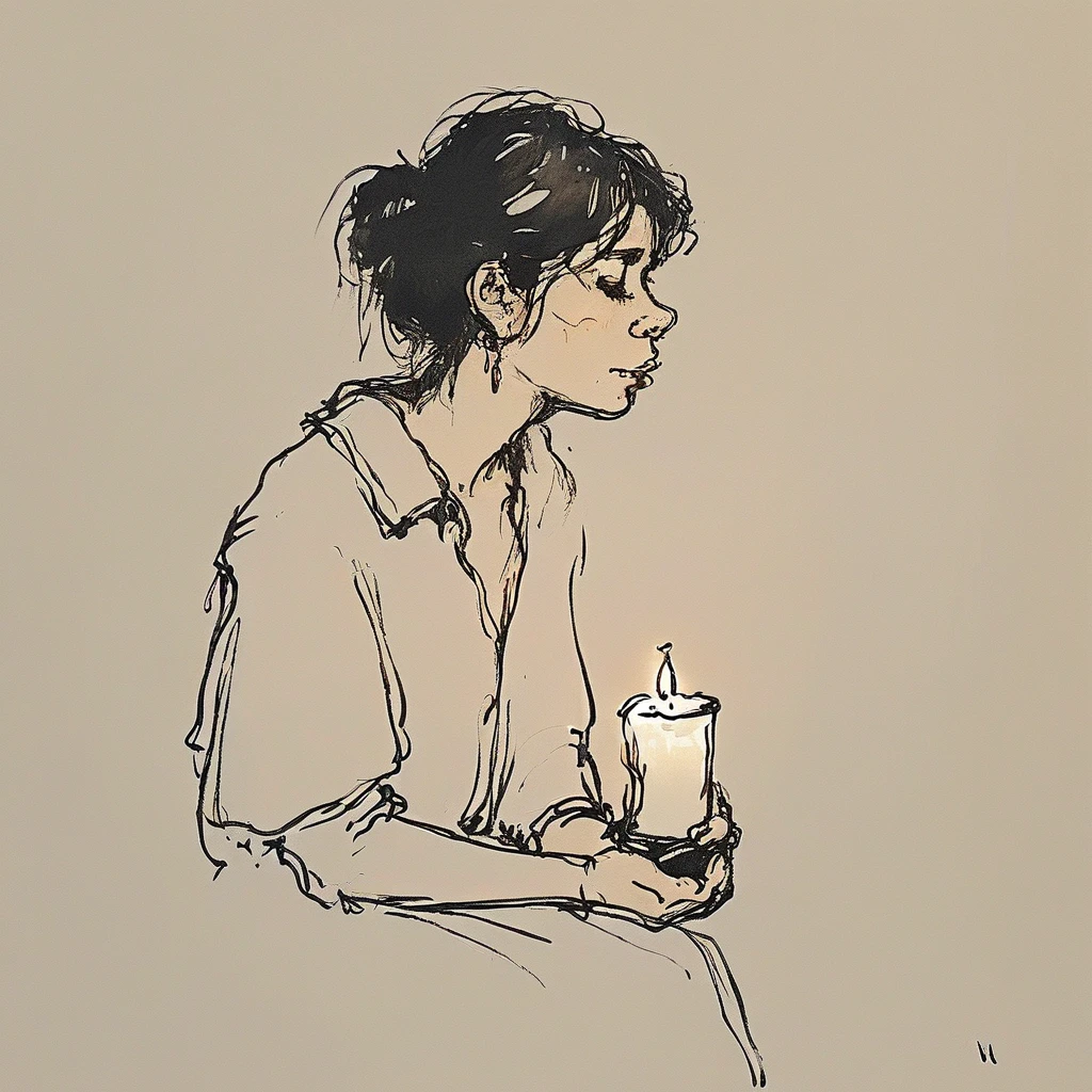 Create a digital artwork of a young woman holding a candle. The candle emits a warm, glowing light that illuminates her face and casts intricate shadows on her skin and surroundings. Her hair is loosely tied up, and she has a serene, contemplative expression. The light from the candle should create a soft, ethereal glow, emphasizing the delicate features of her face. Use a minimalist and sketch-like style with fine lines and subtle shading, capturing the contrast between light and shadow. Incorporate warm tones to enhance the intimate and tranquil atmosphere of the scene.