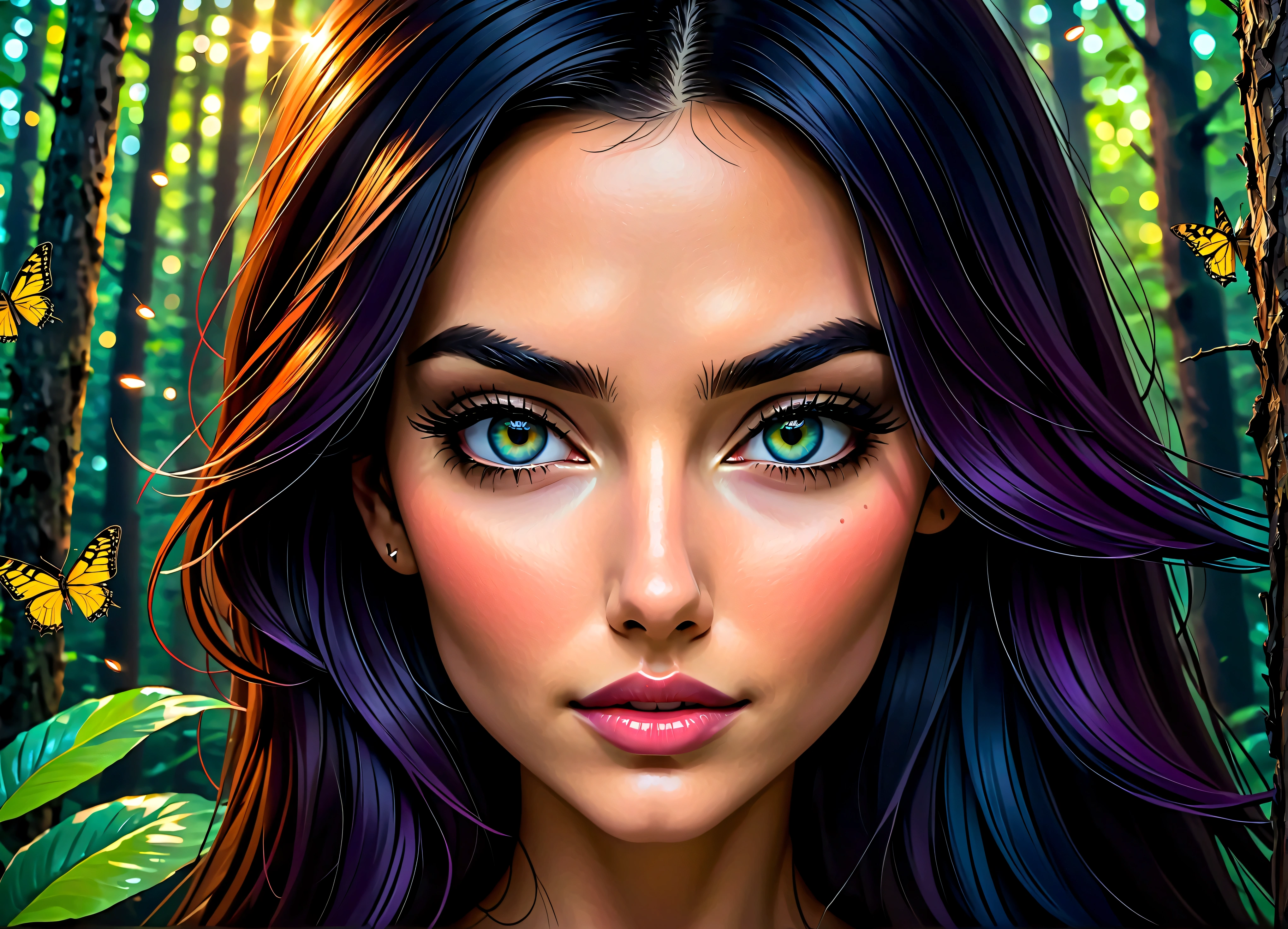A captivating abstract portrait of a woman's face that artfully blends her features with a nighttime forest landscape filled with fireflies. The eyes, nose, and lips stand out in vivid contrast to the surrounding colors, creating a mesmerizing interplay of deep blues, purples, and vibrant hues of red, green, and yellow. The silhouette of the face, with its intense and evocative mood, is enhanced by the dynamic, chaotic environment in the background. This masterful piece combines elements of wildlife photography, illustration, painting, and conceptual art, evoking a powerful sense of emotion and passion., conceptual art, graffiti, wildlife photography, dark fantasy, painting, vibrant, illustration