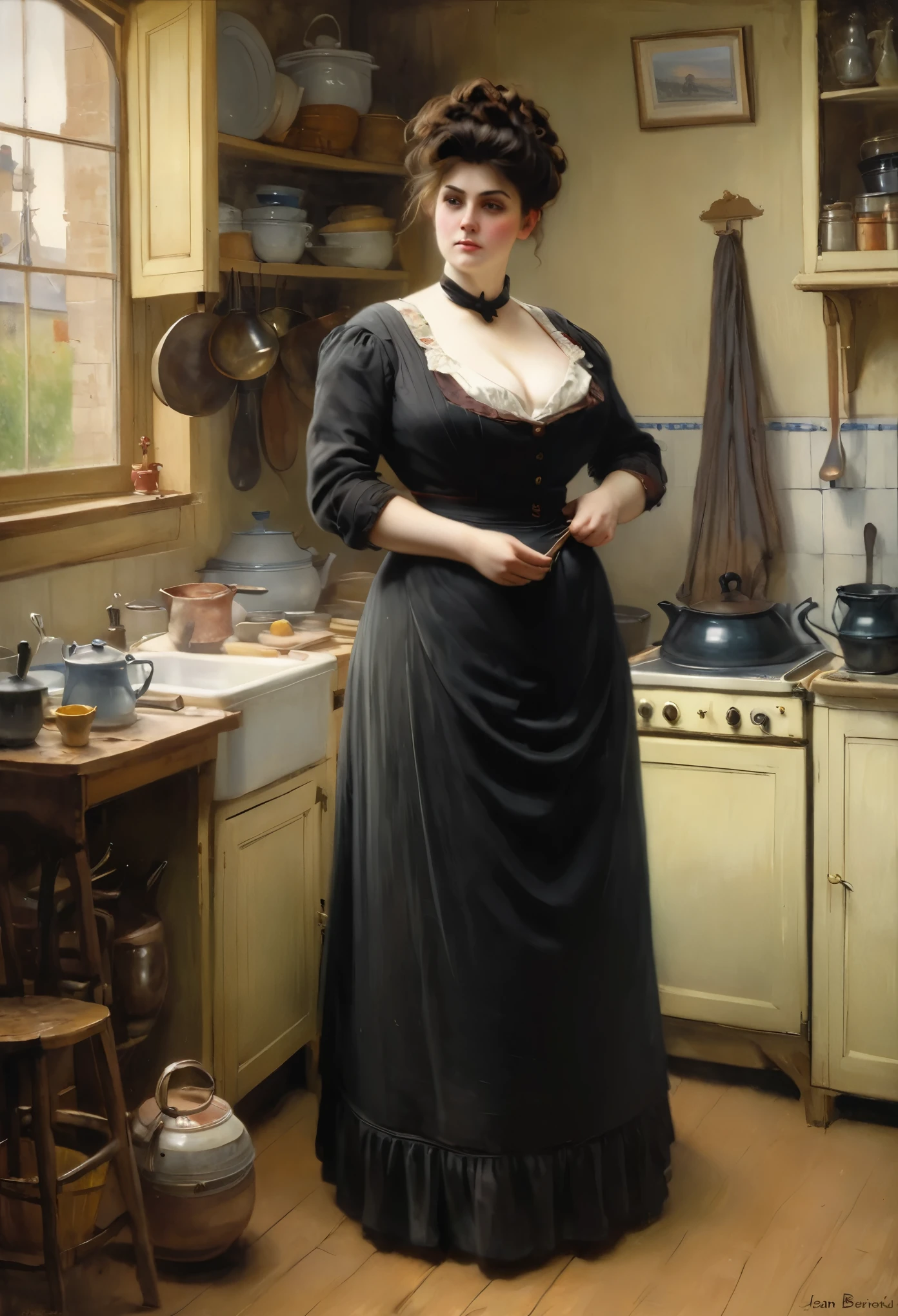 Full body shot of A voluptuous buxom pretty 1880 western frontier farmwife widow standing in front of a window in her kitchen, updo hairstyle , brown hair, by Jean Béraud, inspired by Jean Béraud, inspired by Édouard Detaille, edouard leon cortes, inspired by Ivan Kramskoi, inspired by Jean-Louis-Ernest Meissonier, by Édouard Detaille, inspired by Paul Émile Chabas