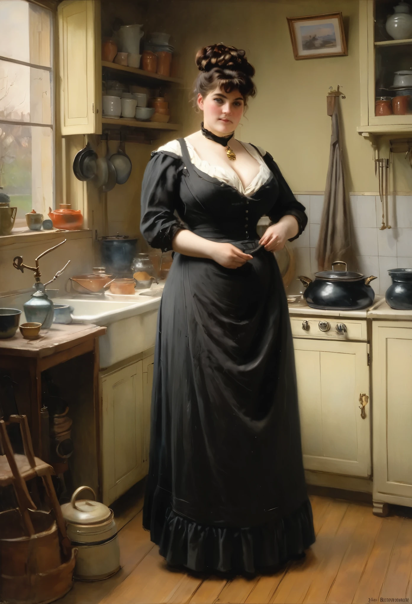  Full body shot  of A voluptuous buxom pretty 1880 western frontier farmwife widow standing in front of a window in her kitchen, updo hairstyle , brown hair, by Jean Béraud, inspired by Jean Béraud, inspired by Édouard Detaille, edouard leon cortes, inspired by Ivan Kramskoi, inspired by Jean-Louis-Ernest Meissonier, by Édouard Detaille, inspired by Paul Émile Chabas