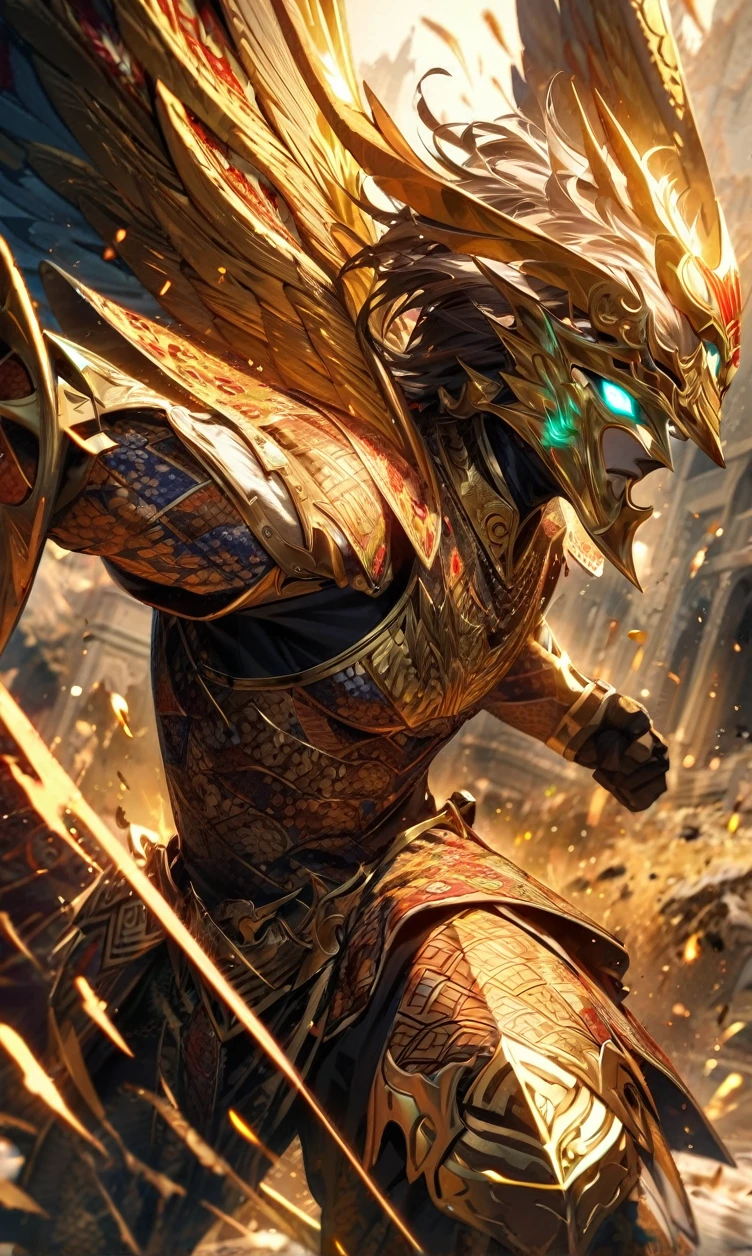 absurdres, highres, ultra detailed, HDR, masterpiece, extremely detailed face and eyes,Indonesian knight,Epic wings,red and white Garuda armor knight , Garuda knight mask, , Indonesia batik pattern , solo, man, handsome, ,, , Epic fight scene, golden splashing effect, golden effect,glowing glitters