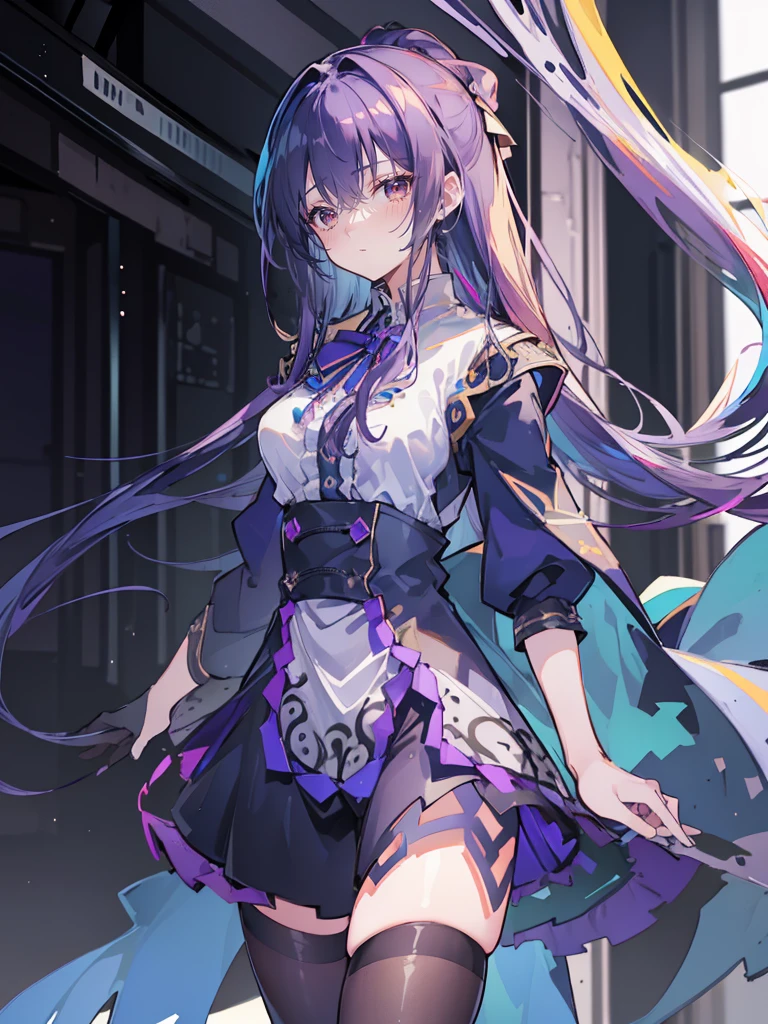 (best quality:1.3), (masterpiece:1.3), (illustration:1.3), (ultra-detailed:1.3), (imid shot:0.9), 1girl, medium breasts, purple eyes, (((dark blue hair))), hair ornaments, young, outfit-gladiia, long hair, dark blue hair, indoors, black shorts, thigh-highs, low ponytail, expressionless, upper body, close up, coat, skirt,