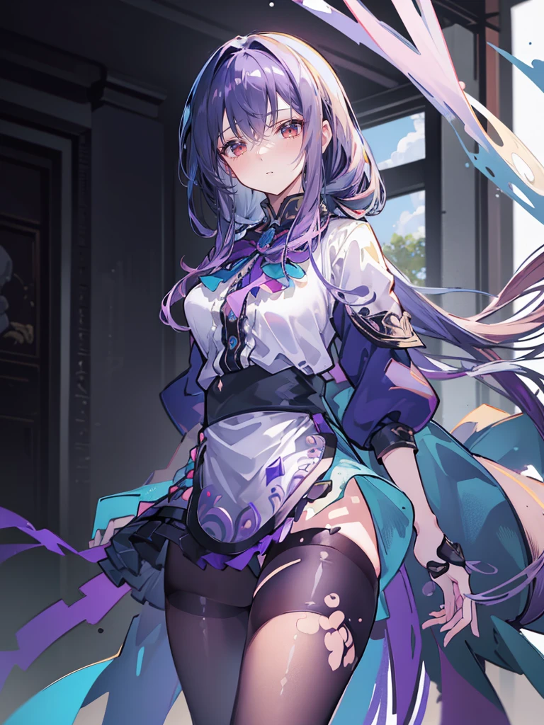 (best quality:1.3), (masterpiece:1.3), (illustration:1.3), (ultra-detailed:1.3), (imid shot:0.9), 1girl, medium breasts, purple eyes, (((dark blue hair))), hair ornaments, young, outfit-gladiia, long hair, dark blue hair, indoors, black shorts, thigh-highs, low ponytail, expressionless, upper body, close up, coat, skirt,