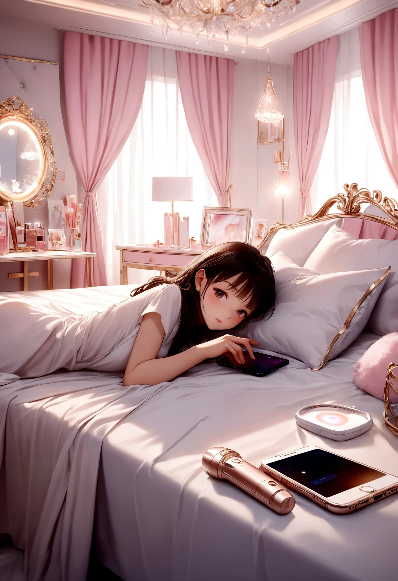 create an illustrative scenario Image A young woman in a luxurious room, filled with modern decor and expensive equipment. She is lying on a king-size bed with silk sheets, surrounded by pillows. The space is softly lit by colored LED lights. She is using a smartphone, with several social media notifications visible. In the background there is a dressing table full of beauty products and accessories.8K uhd, high quality, volumetric light, photo, high resolution, 4k, 8K,