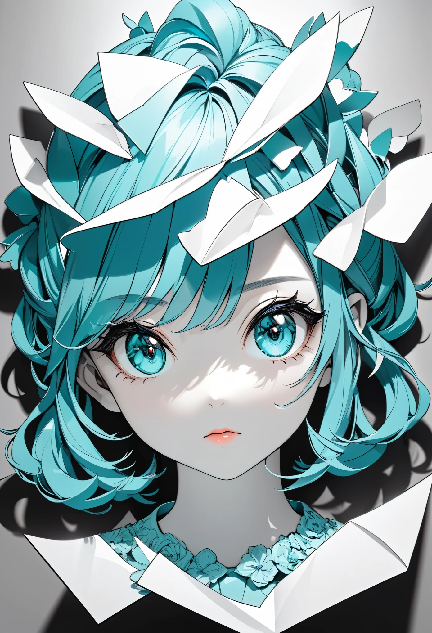 monochrome Tiffany Blue, Paper Cutouts, best quality, super fine, 16k, incredibly absurdres, extremely detailed, delicate and dynamic, cute girl portrait, three-dimensional effect expressed by light and shade, eye-catching effects, contemporary art