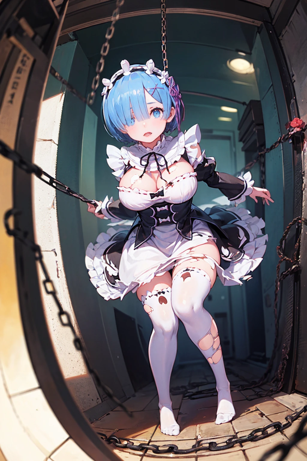 Plump、Show your pants、Fighting Pose、Weapons Morningstar、((Underground Prison))、((The floor beneath my feet is crumbling))、((((Rem in chains)))),(((((Fisheye Lens)))))、((Super huge breasts))、(((Plump thighs)))、(((Rem from Re:Zero)))、looking at the camera、High qualityHigh quality、8k、(((((Full body description)))))、Chest、Fantastic、(((((Torn maid uniform)))))、looking at the cameraで、barefoot、(((Tall Rem)))、Sweat splashes、Clothes are ripped off,(Torn knee-high socks)、
