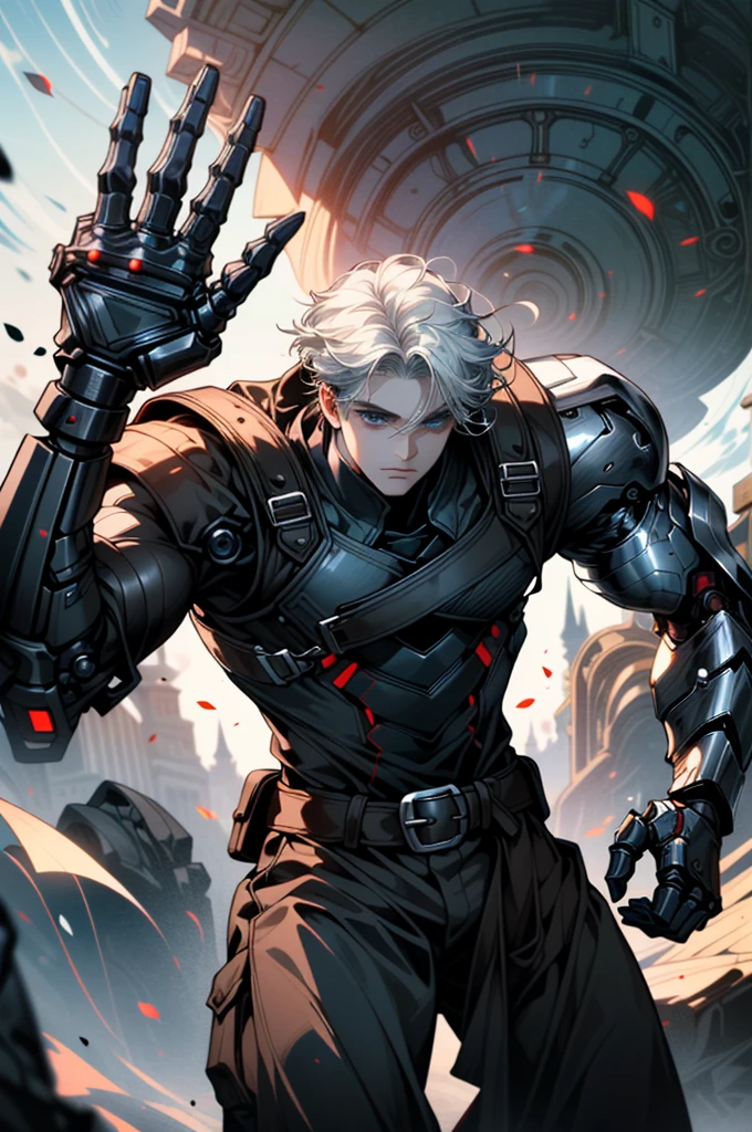 ((ultra detailed, masterpiece, absurdreBBarnes, 1boy, white hair, blue eyes, fantasy world, half body, Three red cores fixed on both forearms, mechanical arms, normal clothes, only mechanical hands