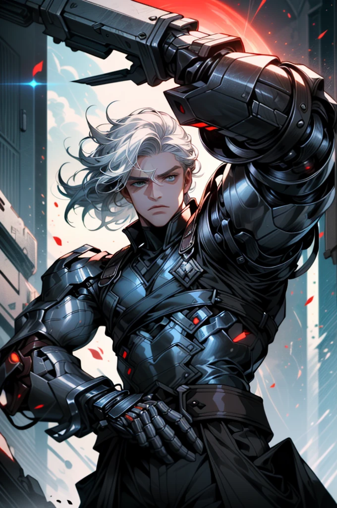 ((ultra detailed, masterpiece, absurdreBBarnes, 1boy, white hair, blue eyes, fantasy world, half body, Three red cores fixed on both forearms, mechanical arms, normal clothes, only mechanical hands