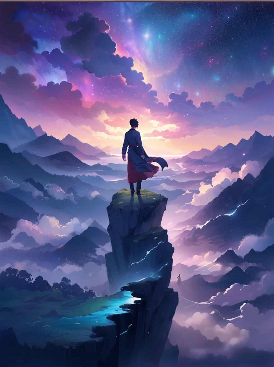 (Look from the back)，A man standing on a cliff，In a dreamy, hazy landscape，(Girl&#39;s perfect back)，(With your back to the audience)，Surrounded by a vortex of cosmic energy，The back of a person wrapped in a flowing robe，Blending with the celestial currents，The sky is a tapestry of deep purples and blues，Dotted with stars，The scenery below vaguely shows the rolling mountains，This scene is peaceful and sublime，Capturing the majestic nature of the universe，A pensive figure stands in awe