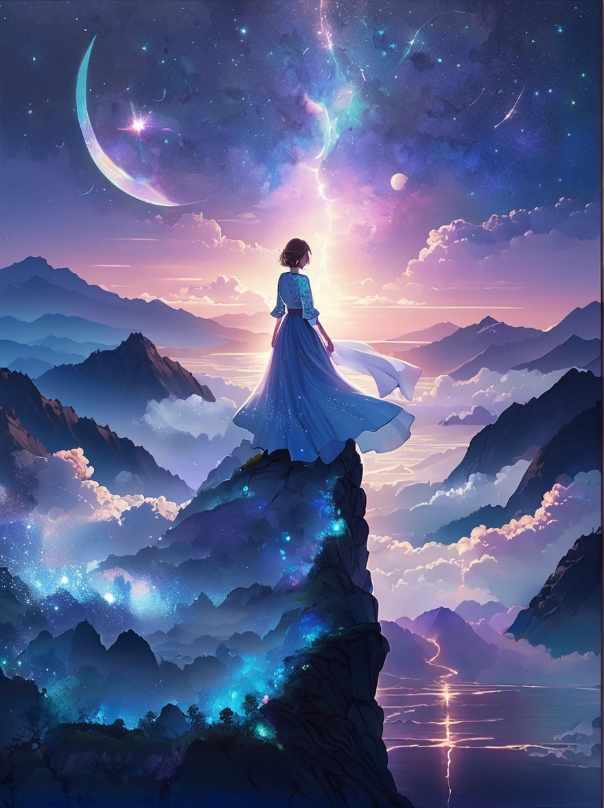 (Look from the back)，A man standing on a cliff，In a dreamy, hazy landscape，(Girl&#39;s perfect back)，(With your back to the audience)，Surrounded by a vortex of cosmic energy，The back of a person wrapped in a flowing robe，Blending with the celestial currents，The sky is a tapestry of deep purples and blues，Dotted with stars，The scenery below vaguely shows the rolling mountains，This scene is peaceful and sublime，Capturing the majestic nature of the universe，A pensive figure stands in awe