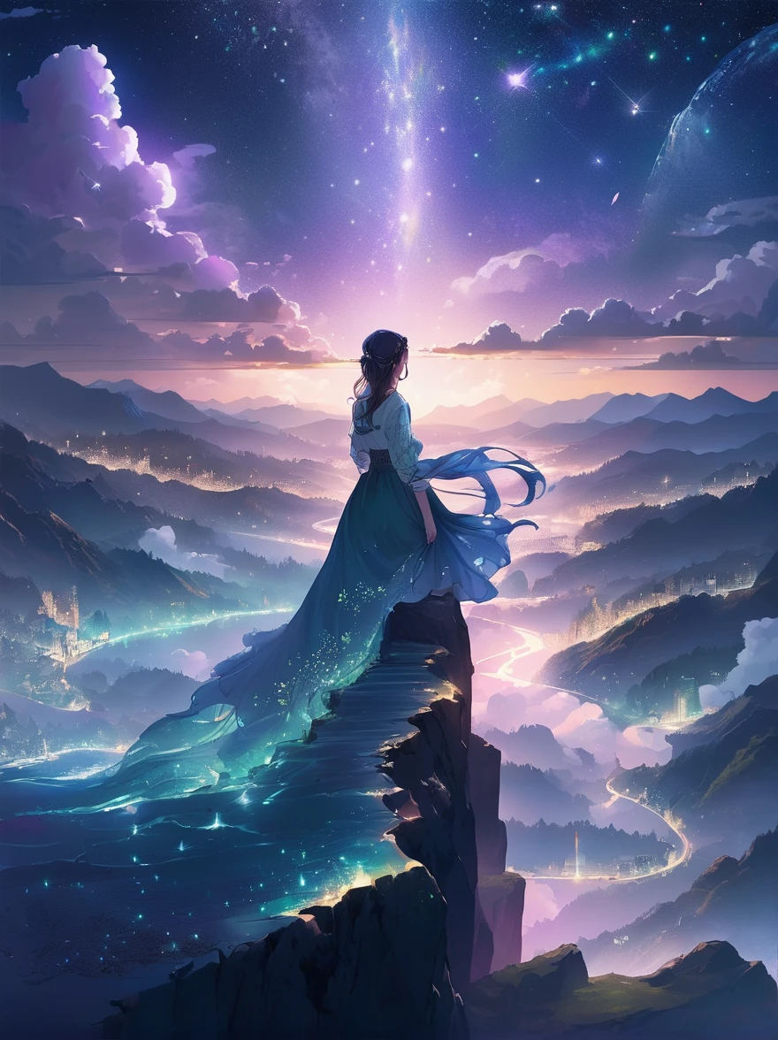 (Look from the back)，A man standing on a cliff，In a dreamy, hazy landscape，(Girl&#39;s perfect back)，(With your back to the audience)，Surrounded by a vortex of cosmic energy，The back of a person wrapped in a flowing robe，Blending with the celestial currents，The sky is a tapestry of deep purples and blues，Dotted with stars，The scenery below vaguely shows the rolling mountains，This scene is peaceful and sublime，Capturing the majestic nature of the universe，A pensive figure stands in awe