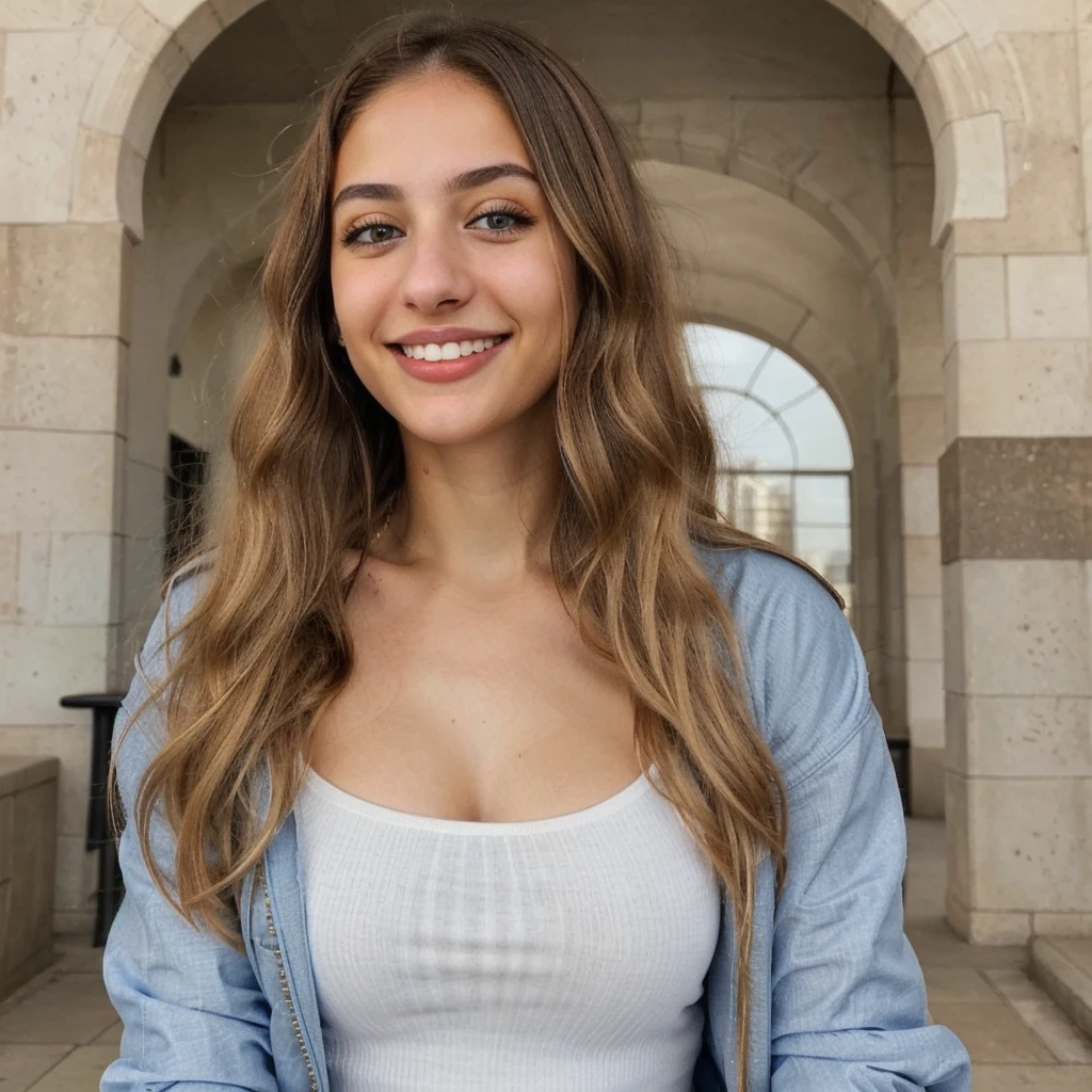 one cute women, 22YO, white, Arab, cute face, realistic brown eyes, blue jacket, blonde/brown hair, cute smile, skinny face, white realistic teethes, big eyes, long hair, no hands
