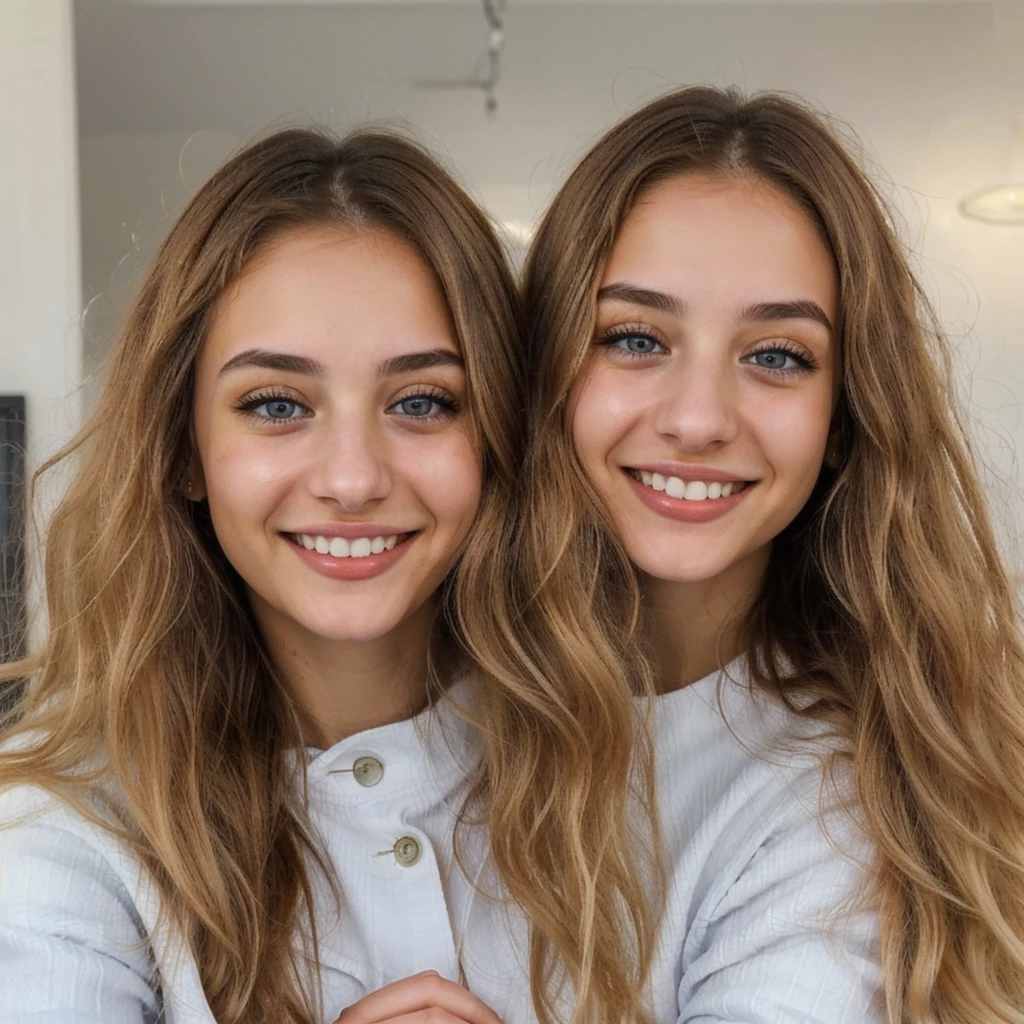 one cute women, 22YO, white, Arab, cute face, realistic brown eyes, blue jacket, blonde/brown hair, cute smile, skinny face, white realistic teethes, big eyes, long hair, no hands