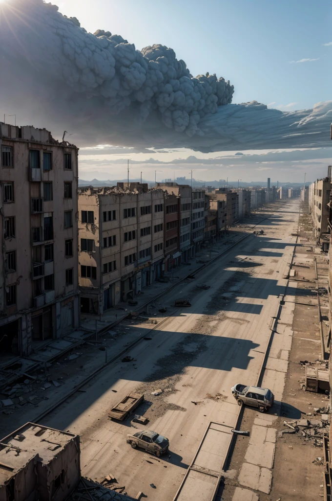 A desolate landscape of a war-torn city, with ruined buildings and debris scattered across the ground. "hyper realistc"