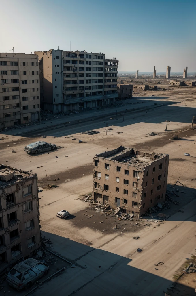 A desolate landscape of a war-torn city, with ruined buildings and debris scattered across the ground. "hyper realistc"