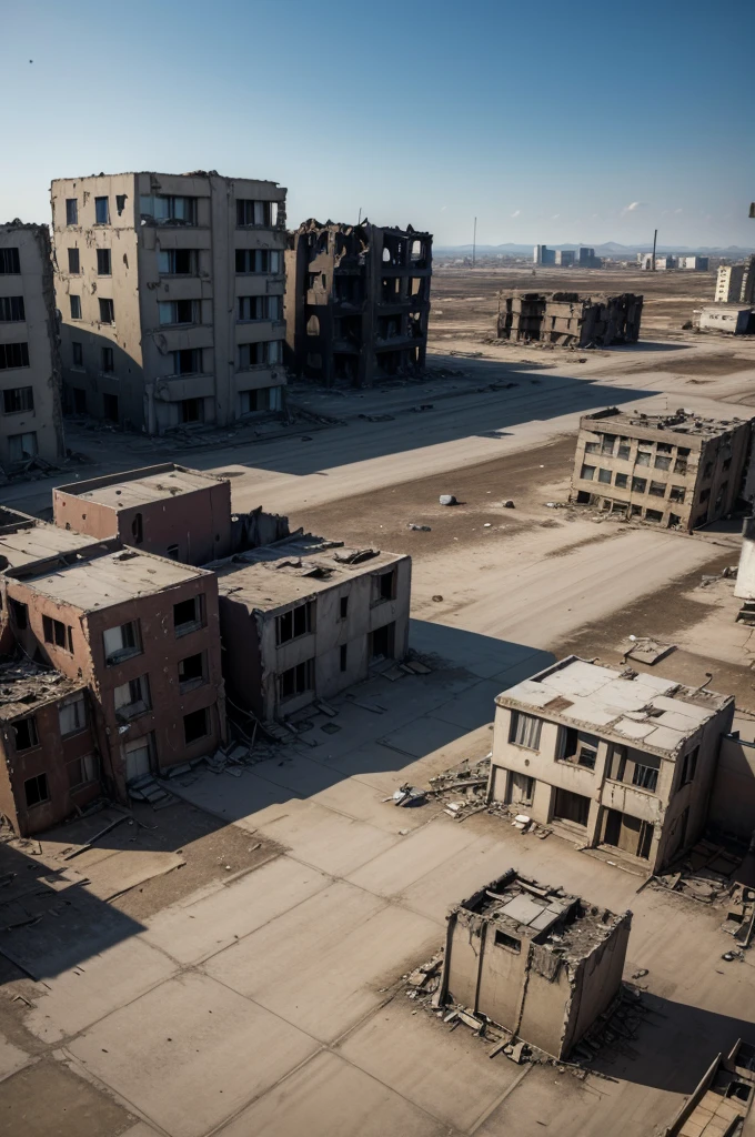 A desolate landscape of a war-torn city, with ruined buildings and debris scattered across the ground. "hyper realistc"