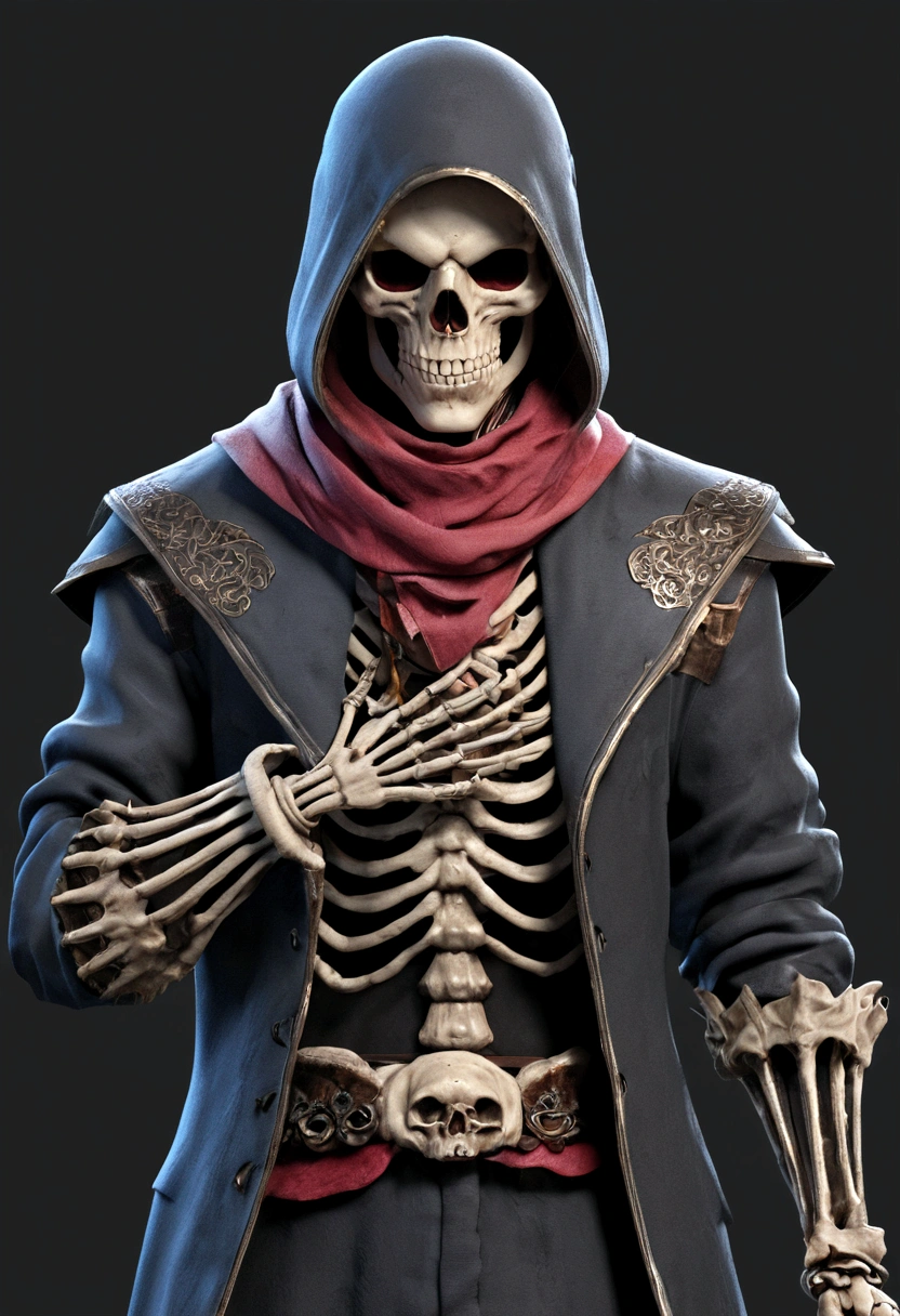 (masterpiece:1),(Best picture quality:1),(Ultra-high quality:1),(8K resolution:1),IP image of a boy,masterpiece,select,Best picture quality,Character Design,Three View,Front view,Side View,Back view,Simple background,skeleton,Smile,White vest,Grin,Male focus,Pulling red blood from the mouth,Standing,Different colors,One red eye and one blue eye,red scarf,Red Cape, Pink shoes,Dark fantasy and Giger's style