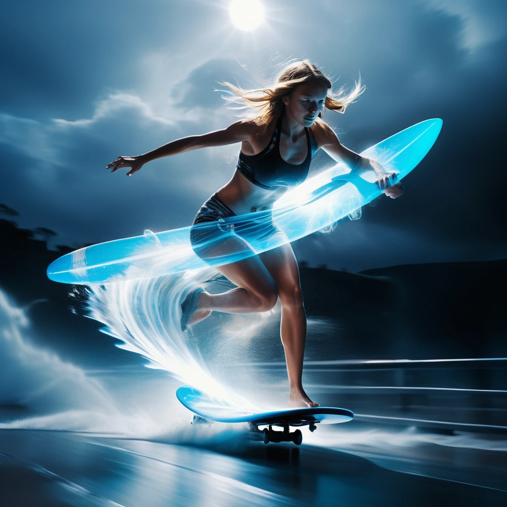 A speeding Girl Surfing on flying Surfing Board with Rotors propeller, a translucent fractal emitting a glowing shell of azure lightnings, bold composition, with motion blur, photography, cinematic lighting, black background