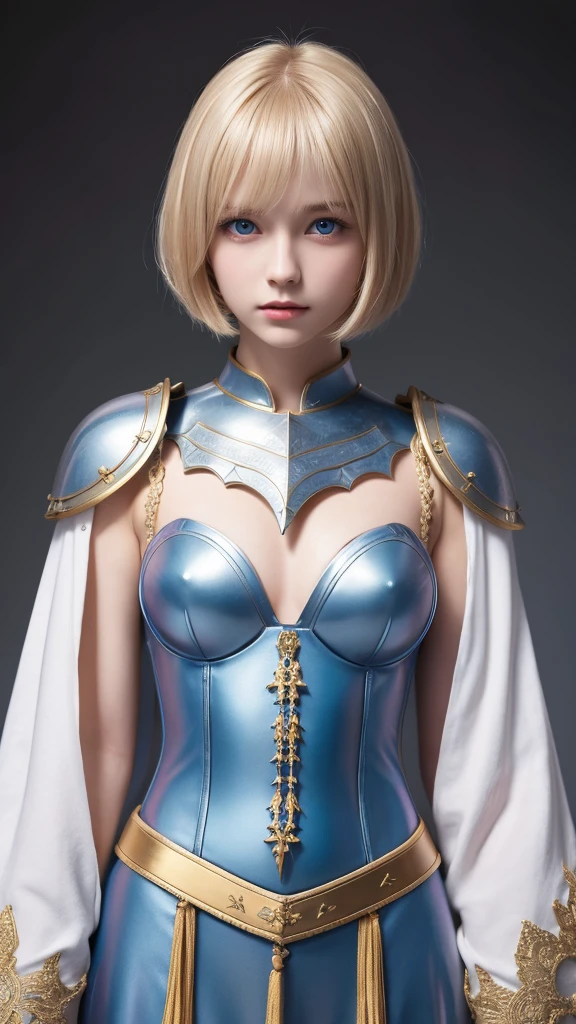 British girl with short, straight blonde hair, Van, Bobcut, blue eyes, 15 years, young, Pale skin, Slender body, Small breasts, Small breasts, Ultra-high resolution, Ultra-high resolution, (Realistic:1.4), Doll-like face, White robe、Luxuriously decorated metal armor on the chest only, Plasma Sword、Upper body only image、Background Medieval Fantasy