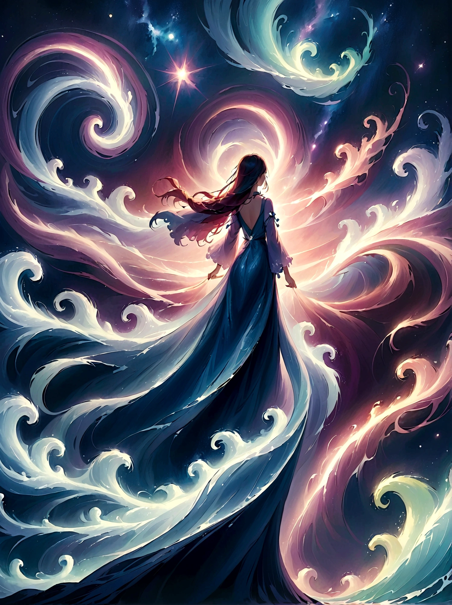 (Look from the back)，A man standing on a cliff，In a dreamy, hazy landscape，(Girl&#39;s perfect back)，(With your back to the audience)，Surrounded by a vortex of cosmic energy，The back of a person wrapped in a flowing robe，Blending with the celestial currents，The sky is a tapestry of deep purples and blues，Dotted with stars，The scenery below vaguely shows the rolling mountains，This scene is peaceful and sublime，Capturing the majestic nature of the universe，A pensive figure stands in awe