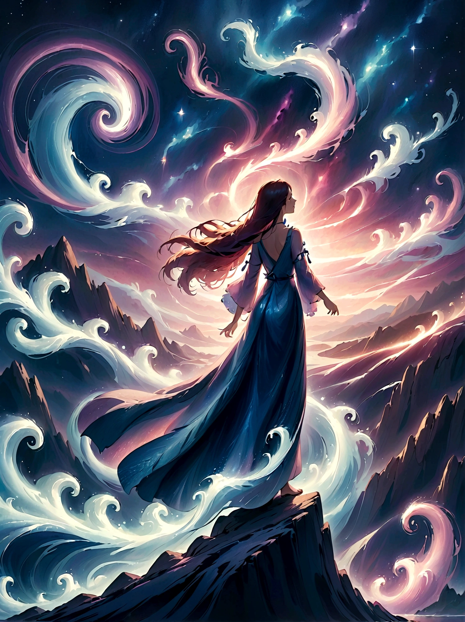 (Look from the back)，A man standing on a cliff，In a dreamy, hazy landscape，(Girl&#39;s perfect back)，(With your back to the audience)，Surrounded by a vortex of cosmic energy，The back of a person wrapped in a flowing robe，Blending with the celestial currents，The sky is a tapestry of deep purples and blues，Dotted with stars，The scenery below vaguely shows the rolling mountains，This scene is peaceful and sublime，Capturing the majestic nature of the universe，A pensive figure stands in awe