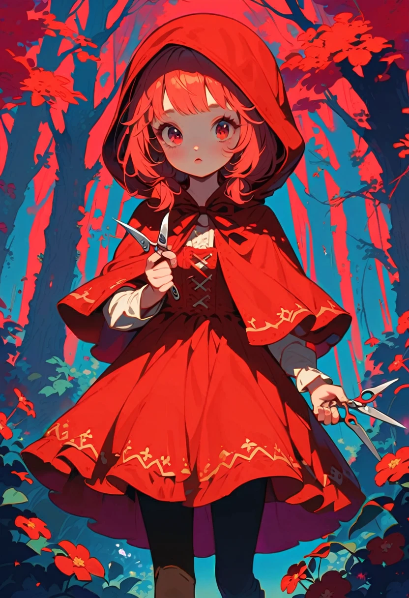 Based on the fairy tale of Little Red Riding Hood,little girl in a red cloak,Carrying a machine gun behind,Sharp scissors in hand,Walk carefully in the forest