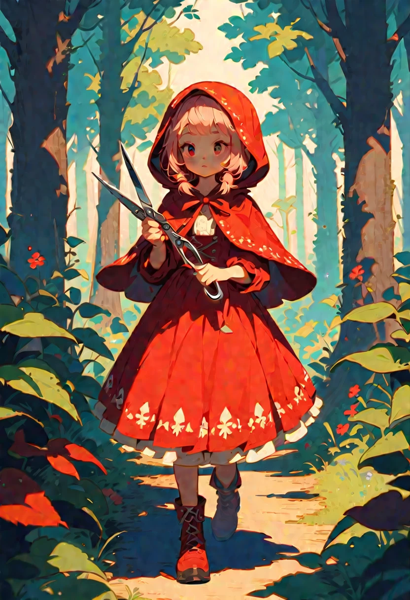 Based on the fairy tale of Little Red Riding Hood, girl in a red cloak,Carrying a machine gun behind,Sharp scissors in hand,Walk carefully in the forest