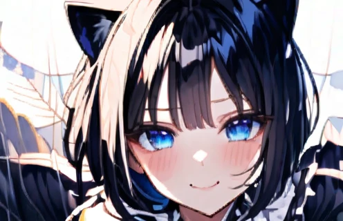 solo, handsome, Watercolor 1. 
Female,Straight Bob Hair, black colored hair, 
Blue eyes,Softlook,ta,Drooping eyes,black cat ears,
Maid clothes,Off the shoulder,bra,skin,Sexy,smile,gem,
black background,Embarrassed,Cat pose,