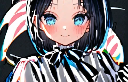 solo, handsome, Watercolor 1.
Female,Straight Bob Hair, black colored hair,
Blue eyes,Softlook,ta,Drooping eyes,black cat ears,
Maid clothes,Off the shoulder,bra,skin,Sexy,smile,gem,
black background,Embarrassed,Cat pose,
