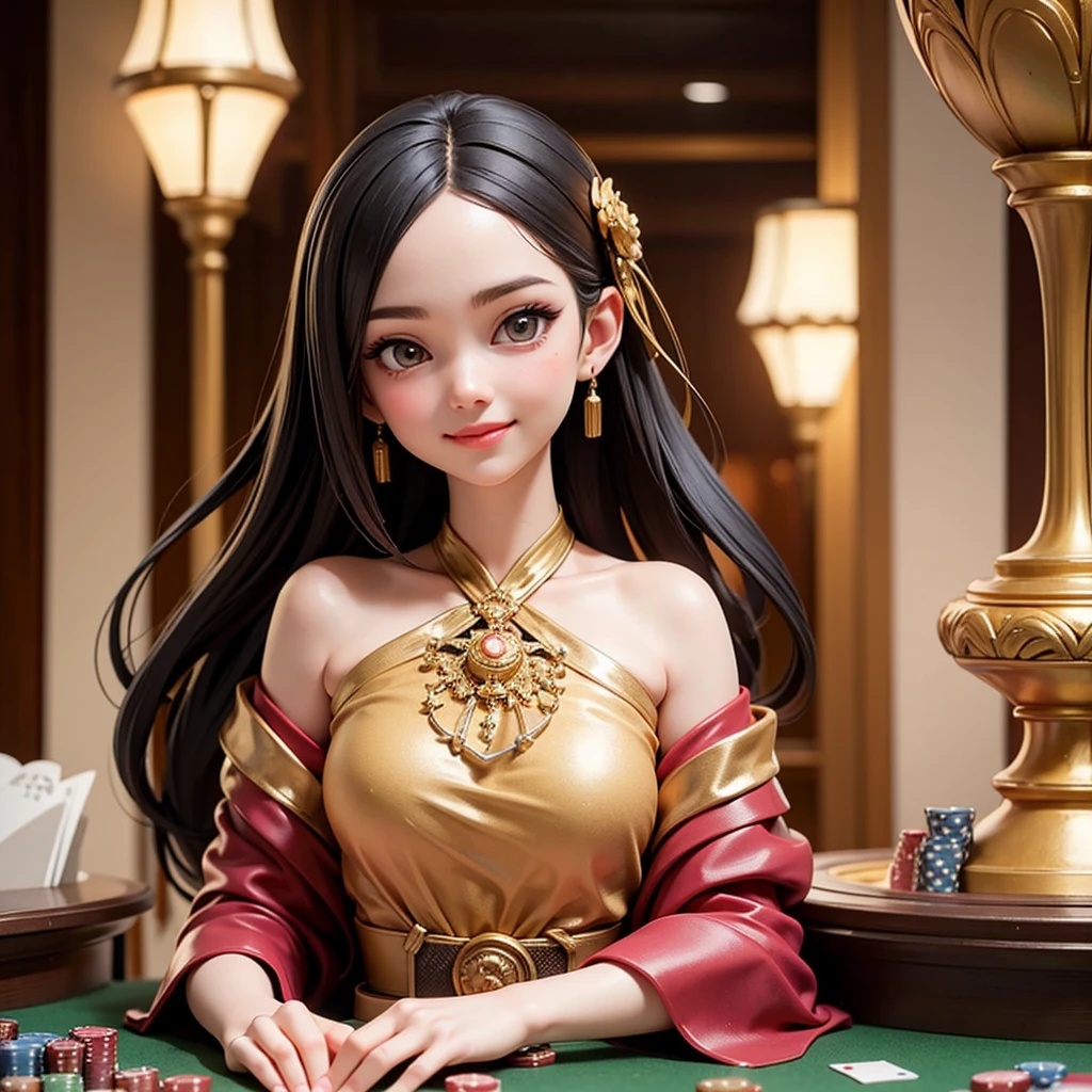 one girl, luxurious casino, elegant, opulent, card table, rich people, people playing cards in background, croupier, customer service, wearing thailand traditional dress, poker table, happy pretty smile, flirting you, loooking at you, in the middle thinking of you, fantasy