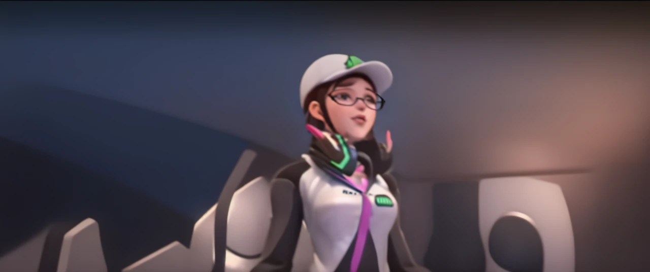 DVA from Overwatch without her roboter, 1 girl solo in her bedroom, a white t shirt, round glasses, tied up short brown hair