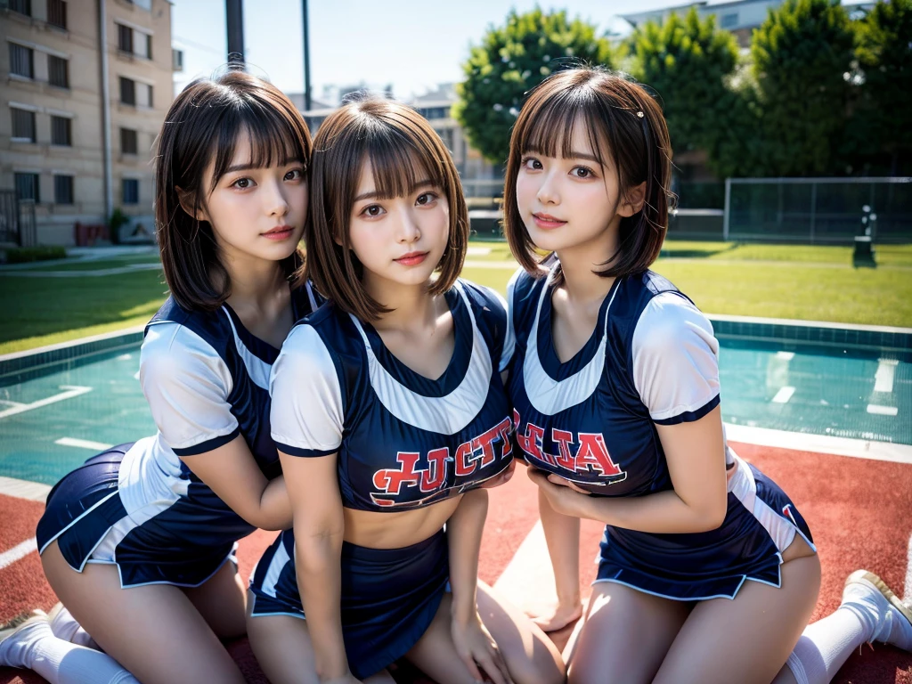 (RAW photo, 4k, masterpiece, high resolution, extremely complex) (realistic: 1.4), cinematic lighting
((2 girls, 2 schoolgirls)),blushing,((innocent)),bright eyes,round eyes,blunt bangs,(short bob hair:1.3),black hair,large breasts,wide hips,Summer Noon, ,Hot, (Best Quality), (Highres), (an Extremely Delicate and Beautiful),(Beautiful 8k face),(Brown eyes),( spectators),(gigantic breasts),(Play with each other,Touching each other's bodies,Touching the body),(cheer girl:1.5),(a miniskirt),(reality),bright lighting,(The background is a luxury hotel room)