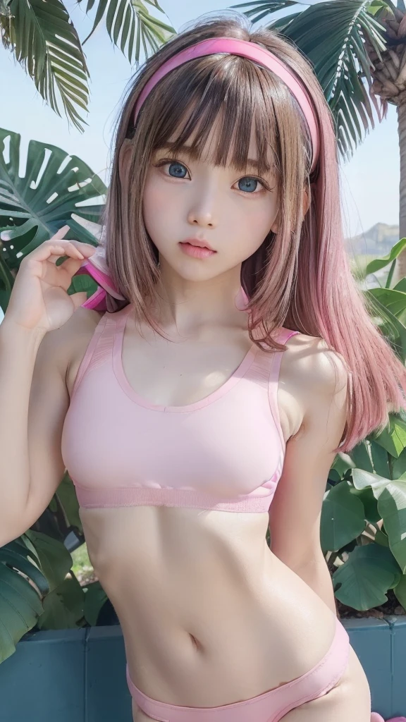 (((1  cute girl/very flat chest/whole body))),(Under the palm trees),((innocent)),(((small body shape))),(((big blue eyes))),(Lightroom:1.13)、Soft Light、(Natural Skin Texture:1.2)、(Hyperrealism:1.2)、Sharp Focus、highest quality, Photorealistic, In 8K, High resolution, (Skin Dentition), (Portrait:0.6), Pure Eros Face_v1:1,(((10 yelittle cute girl),(((deep pink k combination sports bra  swimsuit/Small breasts:1.72))),((dark blonde long straight hair/hair band, Parted bangs:1.7)), (((Nipples are visible))),((undersized clothes)),(((reveal clothes))),(((Childish))),(((Loli))),(((the crack of the pussy))),(((really small breasts))),(((NSFW)))