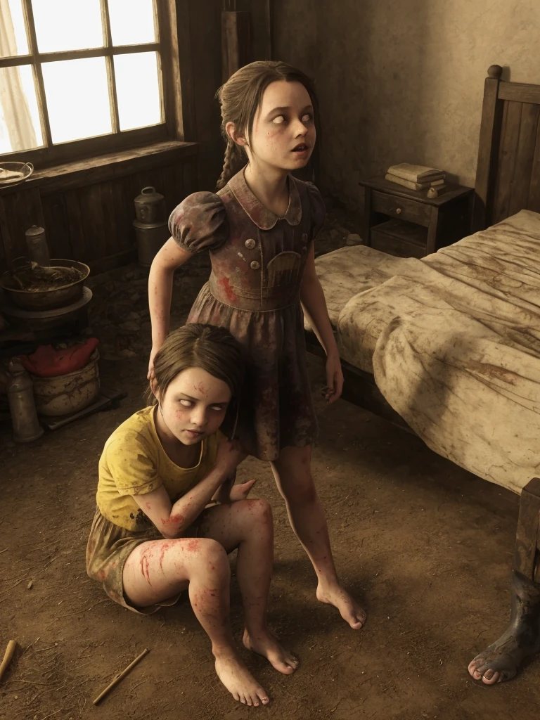 masterpiece, best quality, 1 girl, lilsis, dirty, blood, muddy dress, black hair, dress, horror \(theme\), alone, yellow eyes, dark, yellow sclera, glowing eyes, sinister, haunted house background, explicit notice
(barefoot, looking at viewer, sitting, feet in focus, soles, toes, in bed, happy), nsfw,twintails