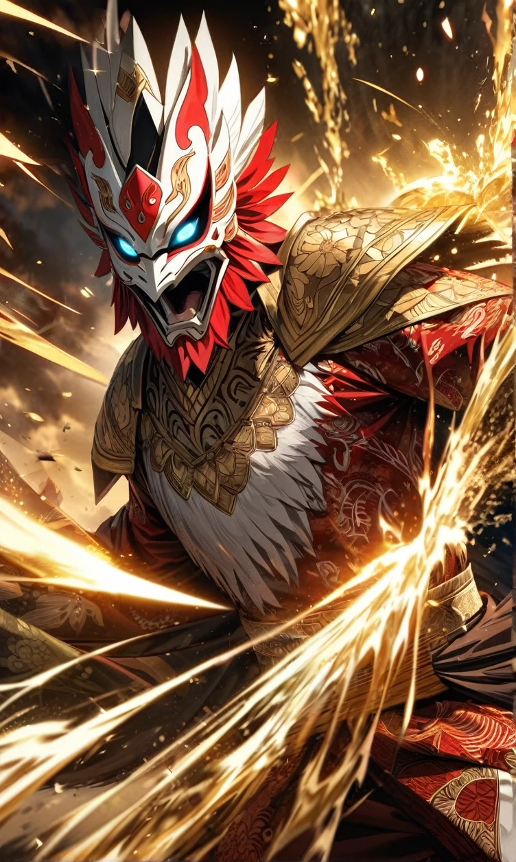 absurdres, highres, ultra detailed, HDR, masterpiece, extremely detailed face and eyes,Indonesian Super Hero costume,,red and white Garuda costume, Garuda eagle mask, , Indonesia batik pattern , solo, man, handsome, ,, , Epic fight scene, golden splashing effect, golden effect,glowing glitters