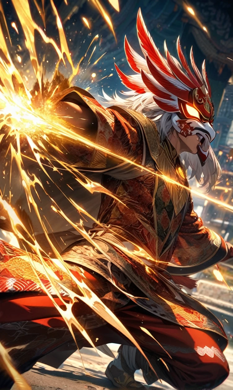 absurdres, highres, ultra detailed, HDR, masterpiece, extremely detailed face and eyes,Indonesian Super Hero costume,,red and white Garuda costume, Garuda eagle mask, , Indonesia batik pattern , solo, man, handsome, ,, , Epic fight scene, golden splashing effect, golden effect,glowing glitters