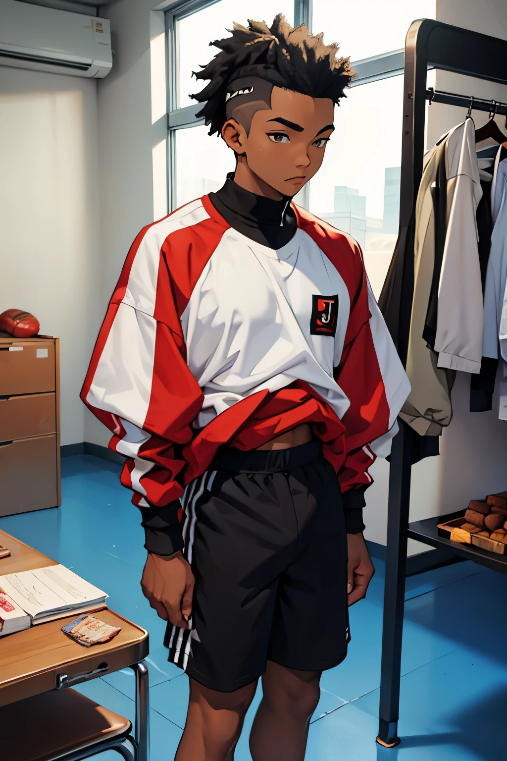 a age boy, 17 yoboy, with black long platinum undercut afro hair, athletic body, dressing a training clothes, chocolate skin, dark skin