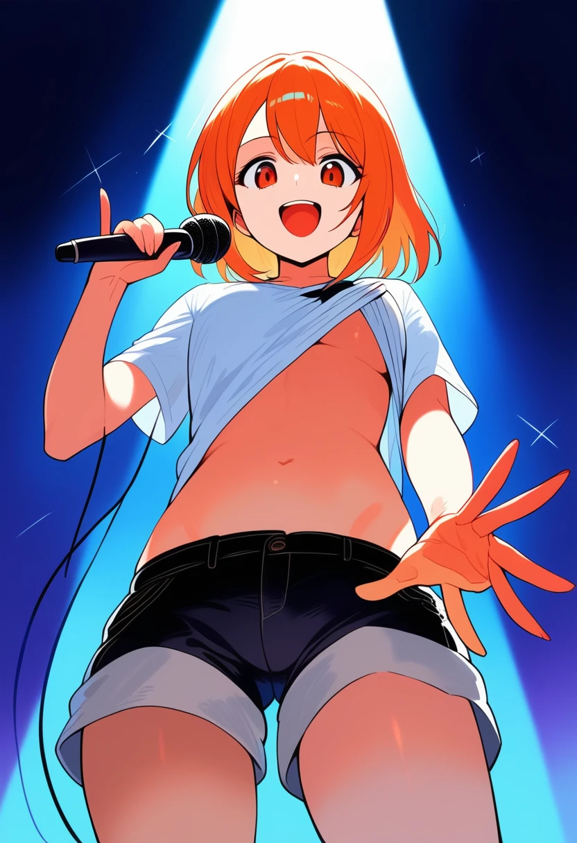 1girl, ultra high res, very low angle ,looking down at viewer , very large chest size , shorts, underboob , microphone, singing, smile, open mouth, one hand pull shirt up,